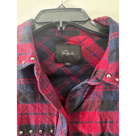 RAILS M Navy Blue Red Plaid Rex Studded Flannel Button Up Raw Hem Shirt LS E9 - Picture 3 of 8